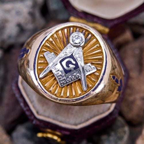 Vintage Blue Enamel Diamond Masonic Ring Two Tone Gold