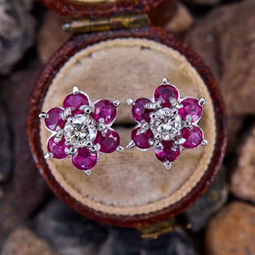 Diamond & Ruby Flower Earrings 14K White Gold