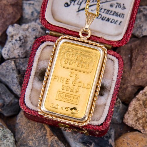 Credit Suisse 5g .9999 Fine Gold Bar Pendant Necklace 14K Yellow Gold 