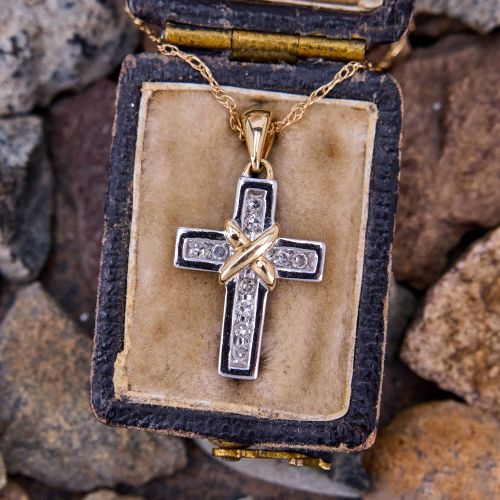 Diamond Cross Pendant Necklace 14K Two Tone Gold
