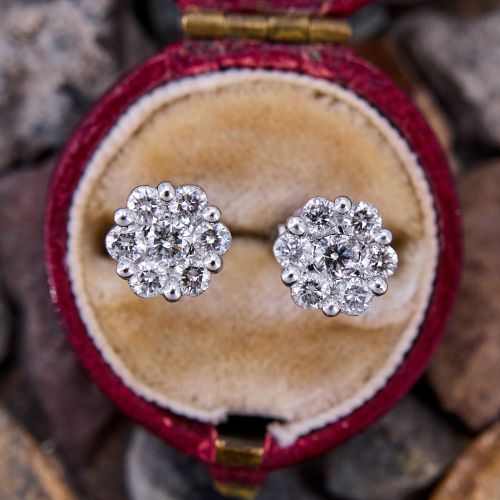 Flower Motif Diamond Cluster Stud Earrings 14K White Gold