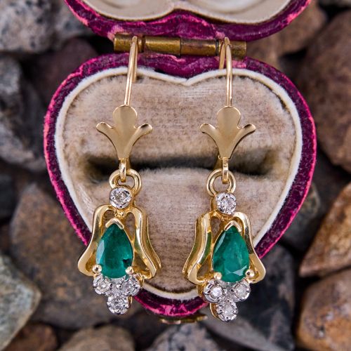 Pear Emerald Dangle Earrings w/ Diamonds 14K Yellow Gold
