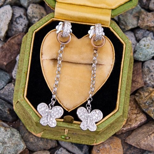 Butterfly Motif Diamond Pavé Dangle Earrings 14K White & Rose Gold