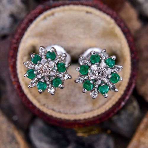 Floral Emerald & Diamond Halo Stud Earrings 14K White Gold 