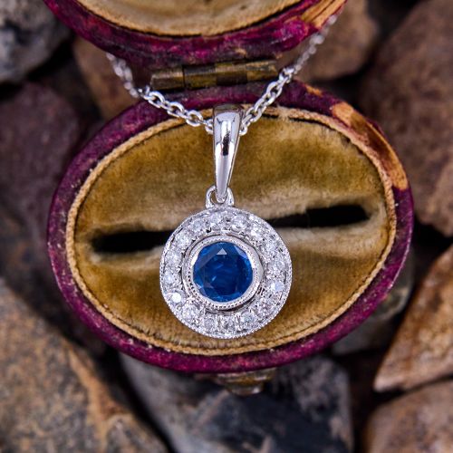 Round Sapphire Diamond Halo Pendant Necklace 14K White Gold