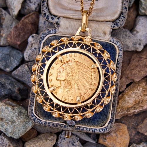 1915 American 5$ Indian Head Coin Pendant Necklace 18K/ 14K Yellow Gold