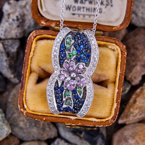 Floral Sapphire Tsavorite & Diamond Pendant Necklace 18K White Gold
