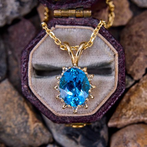Swiss Blue Topaz Pendant Necklace w/ Diamond Halo 14K Yellow Gold