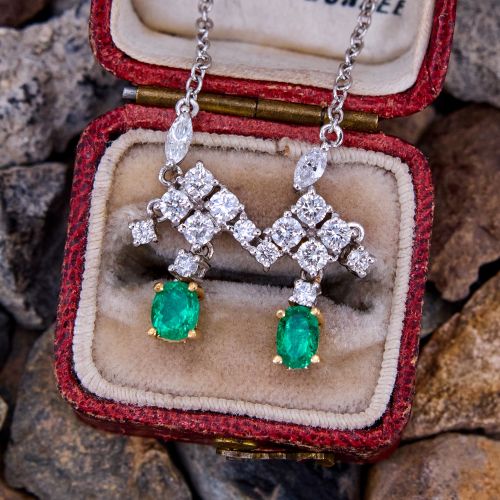 Oval Emerald & Diamond Dangle Necklace 18K Two Tone Gold