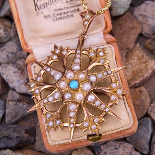 Turquoise & Pearl Star Pendant Necklace Brooch 9K/ 14K Yellow Gold