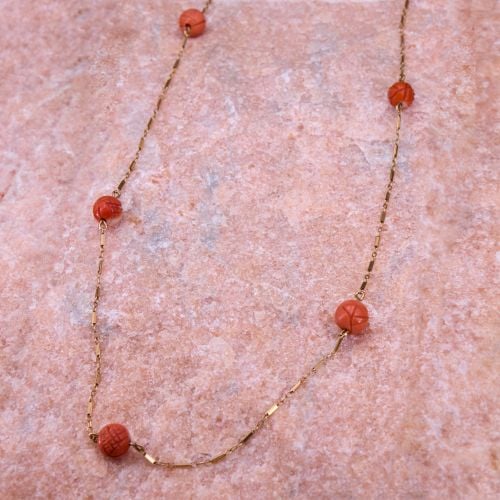 65-Inch Carved Coral Bead Necklace 14K Yellow Gold
