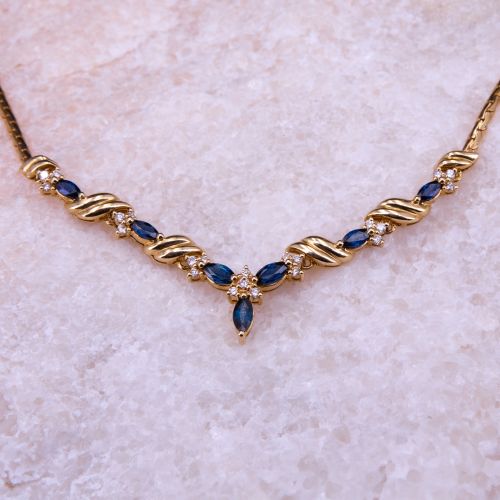 Circa 1980s Diamond & Marquise Sapphire Necklace 14K Yellow Gold