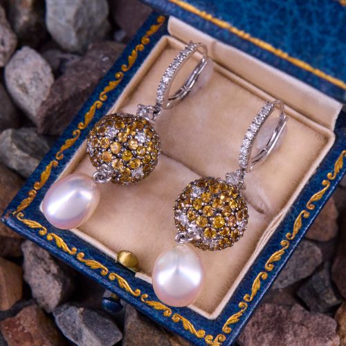 Diamond Yellow Sapphire & Pearl Dangle Earrings 18K White Gold