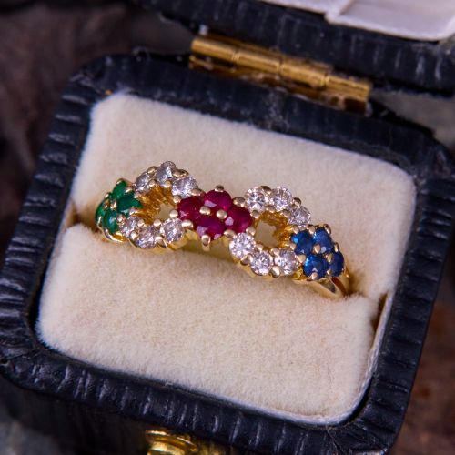 Lovely Emerald Ruby Sapphire Band Ring 18K Yellow Gold