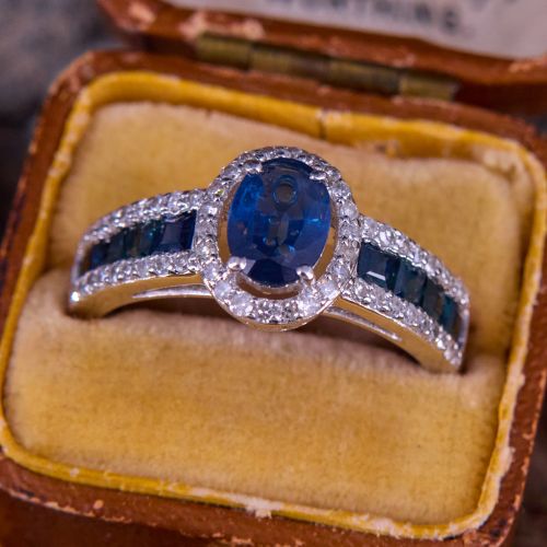 Diamond Halo Oval Sapphire Ring 14K White Gold 