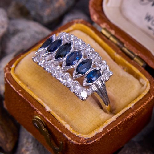 Beautiful Marquise Sapphire & Diamond Band Ring 14K White Gold 