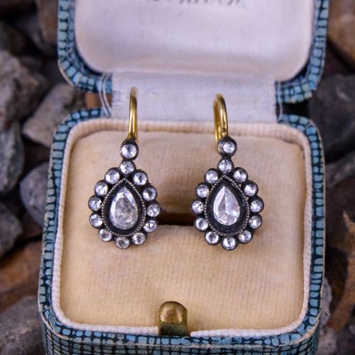 Antique Style Rose Cut Diamond Drop Earrings 18K Yellow Gold/ Sterling Silver