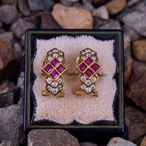 Diamond Ruby Drop Earrings 14K Yellow Gold