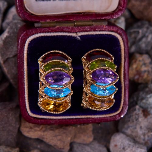 Vintage Colorful Marquise Gemstone Earrings 14K Yellow Gold