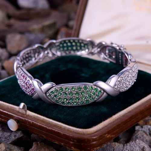 Diamond Pink Sapphire & Tsavorite Garnet Bracelet 18K White Gold