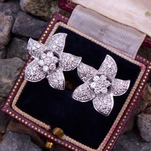 Milgrain Diamond Flower Earrings 18K White Gold