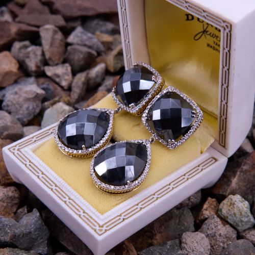 Checkerboard Cut Hematite Dangle Earrings 18K Two Tone Gold