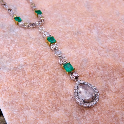 Salt and Pepper Rose Cut Diamond & Emerald Necklace 18K Two Tone Gold