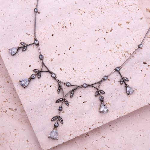 Victorian Style Rose Cut Diamond Necklace 18K Gold w/ Black Rhodium