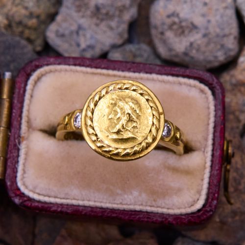 Diamond Accented Bust Medallion Ring 18K Yellow Gold