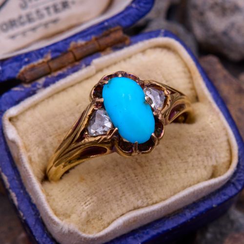 Antique Turquoise & Diamond Ring 18K Yellow Gold