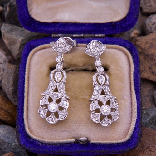 Detailed Milgrain Diamond Dangle Earrings 18K White Gold 