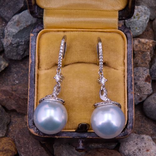Diamond Accented South Sea Pearl Drop Earrings 18K White Gold