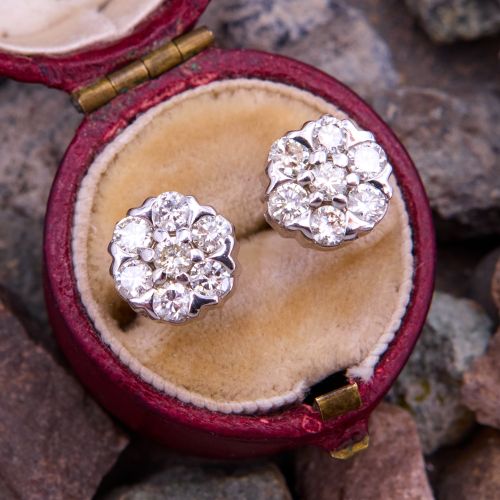 Round Diamond Cluster Earrings 14K White Gold