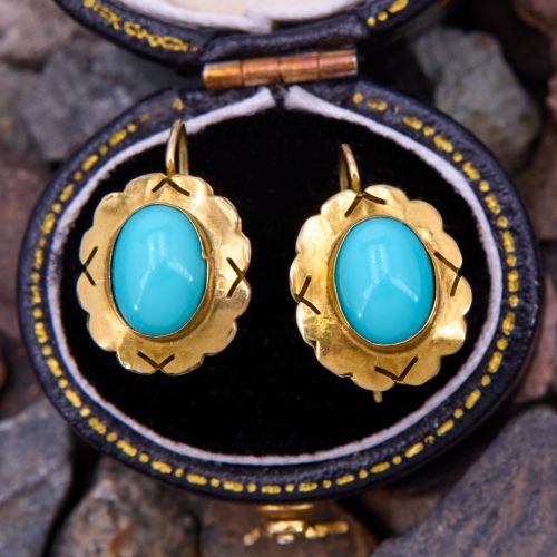 Sweet Blue-Green Cabochon Earrings Yellow Gold