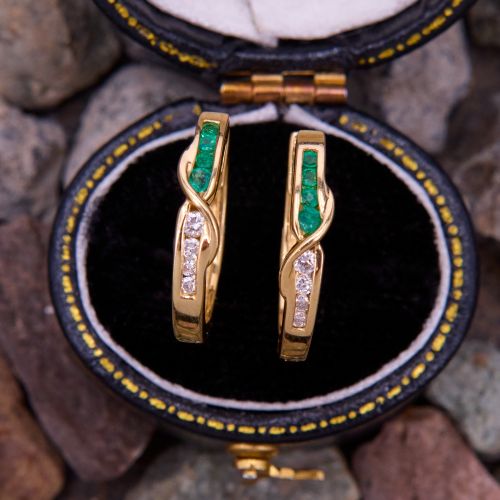 Emerald & Diamond Hoop Earrings 14K Yellow Gold