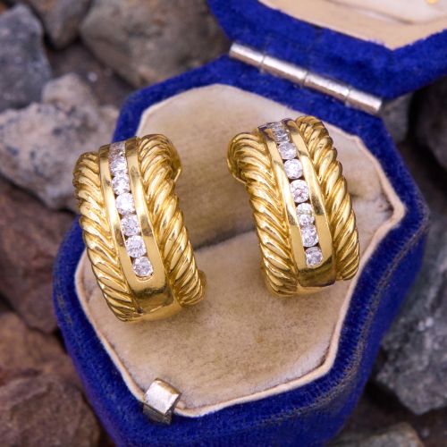 David Yurman Cable Collectibles Diamond Huggie Hoop Earrings 18K Yellow Gold