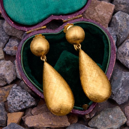 Vintage Florentine Finish Teardrop Earrings 18K Yellow Gold