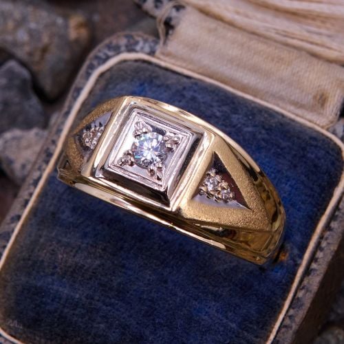 Handsome Vintage Mens Diamond Ring 14K Yellow Gold 