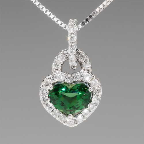 Green Chrome Tourmaline & Diamond Halo Heart Pendant Necklace
