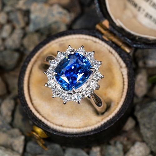 Blue Sapphire Engagement Ring w/ Diamond Halo Platinum
