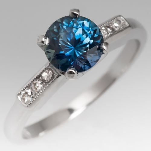 Deep Teal Montana Sapphire Engagement Ring 14K White Gold w/ Diamond Accents