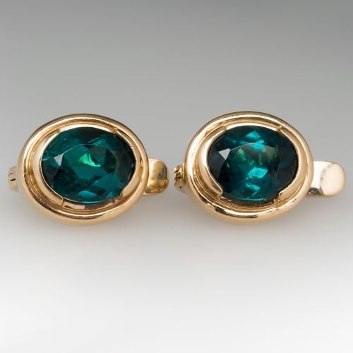 Beautiful Green-Blue Tourmaline Bezel Earrings 14K