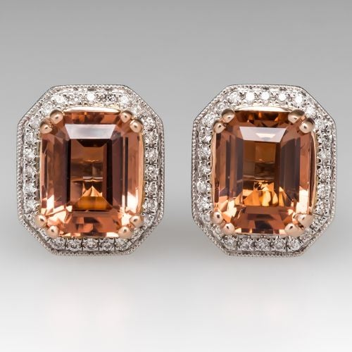 Pinkish Orange Tourmaline & Diamond Halo Stud Earrings