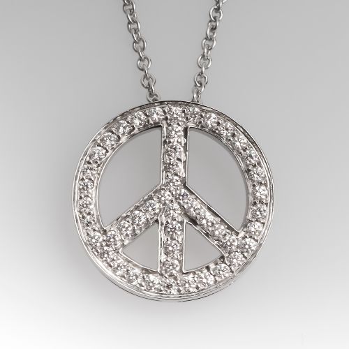 Tiffany & Co Platinum Diamond Peace Sign Pendant Necklace Platinum