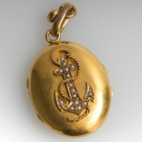 Victorian Anchor Locket Set w/ Seed Pearls 18K Gold