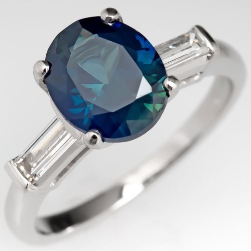 Teal Sapphire Engagement Ring Platinum w/ Baguette Diamonds