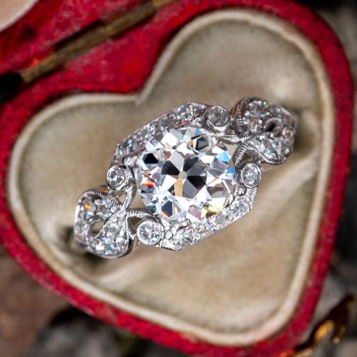 1920s Old Mine Cut Diamond Antique Engagement Ring Platinum 1.36Ct G/VS1 GIA
