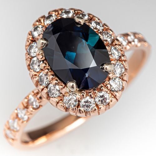 Dark Teal Sapphire Engagement Ring w/ Diamond Halo 14K Rose Gold
