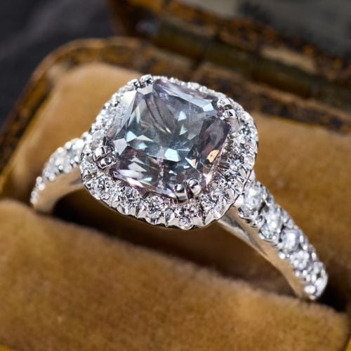 Beautiful No Heat Sapphire Engagement Ring w/ Diamond Halo in Platinum