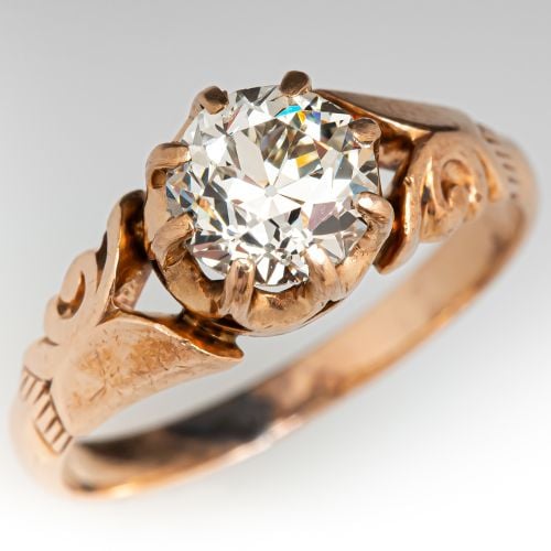 Circa 1900 Old Euro Diamond Engagement Ring Yellow Gold .98Ct K/I1 GIA